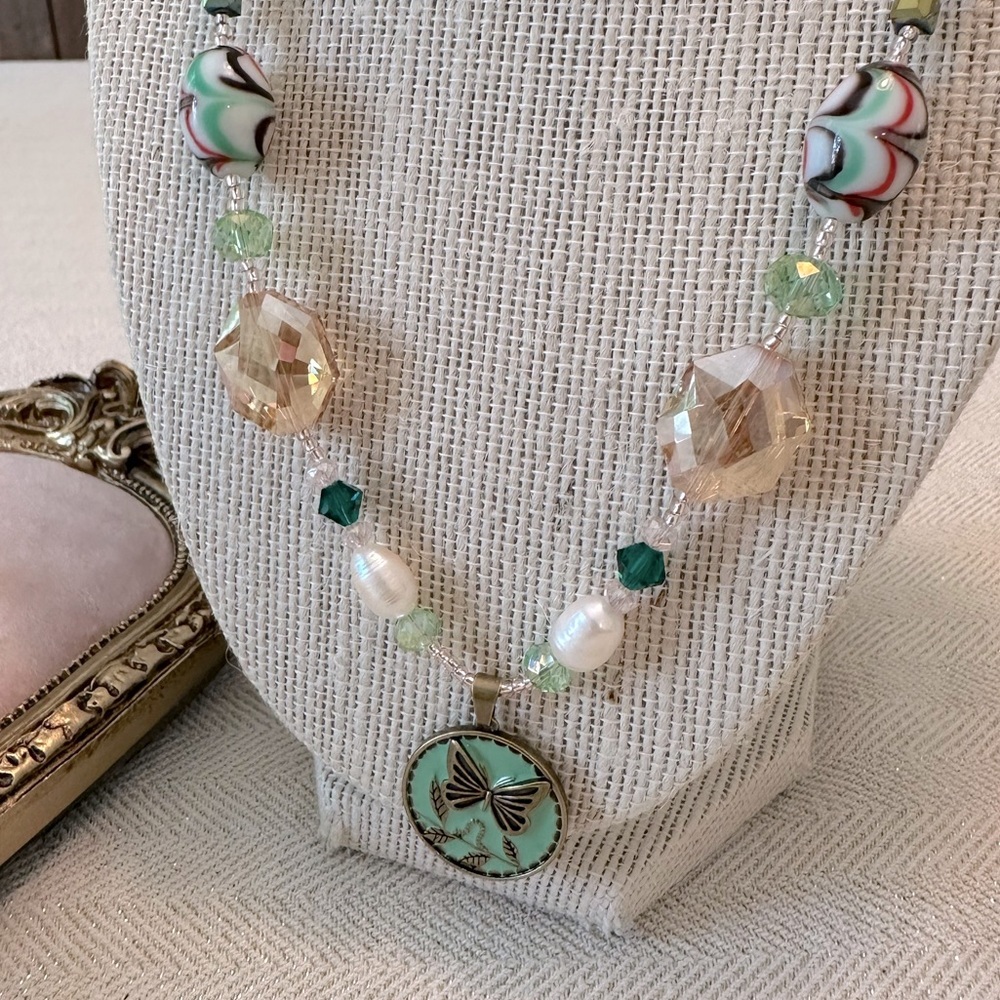 Handmade 2pc Necklace & Bracelet Set Enamel Butterfly Vintage Lamp Work Beads - Picture 11 of 16